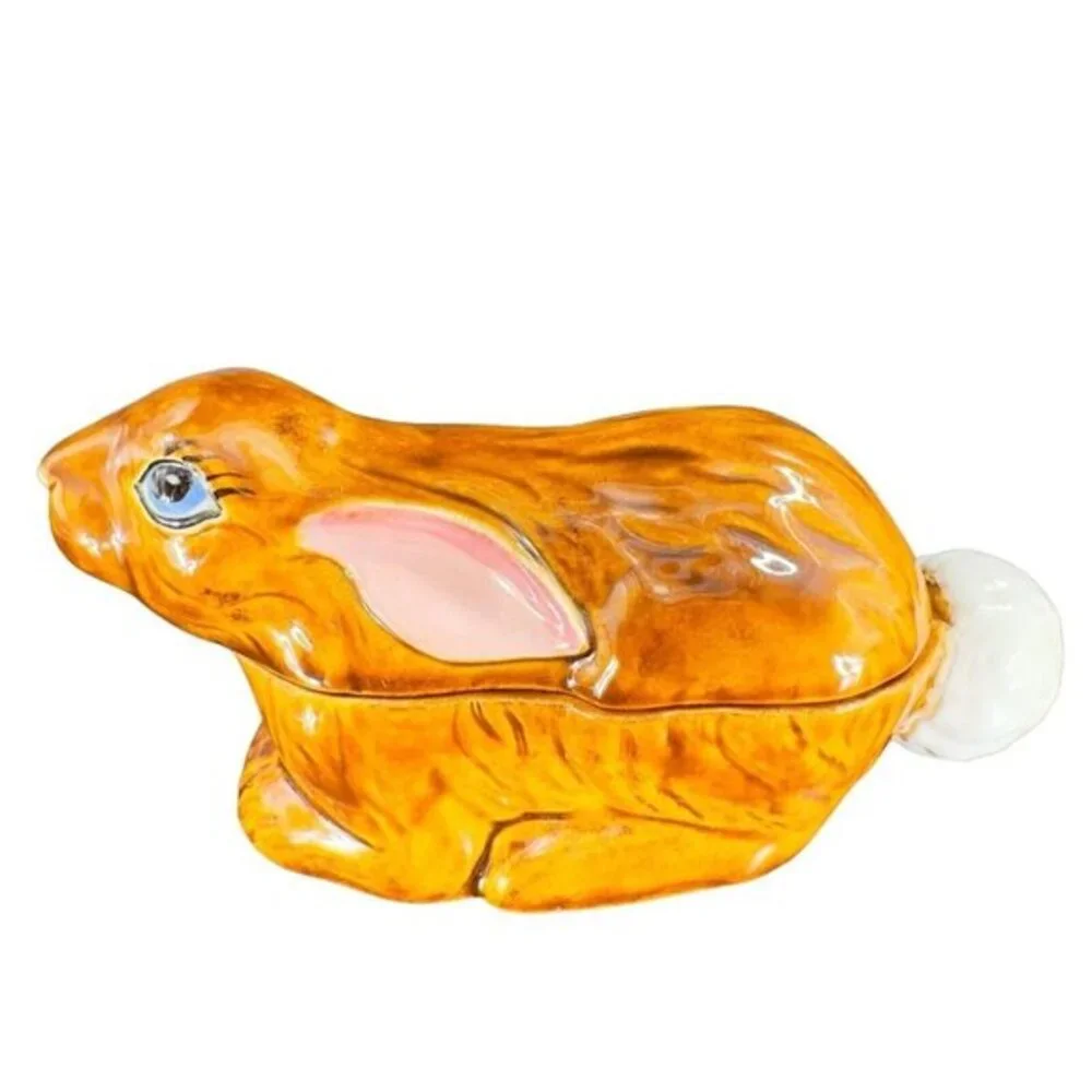 Hand Painted Ceramic Bunny Rabbit‎ Covered Dish W Lid Signed 1980s Vintage Decor